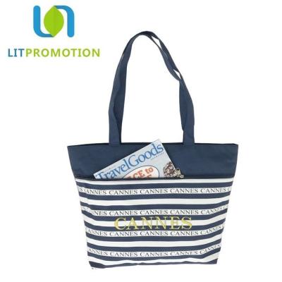 China 600D City Name Souvenir Personalized Beach Tote , Blue And White Striped Beach Bag for sale