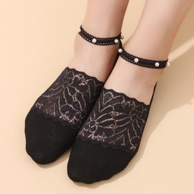 China High Quality QUICK DRY Women's Thin Spring And Pearl Lace Socks Summer Deep Lace Cotton Women's Boat Socks for sale