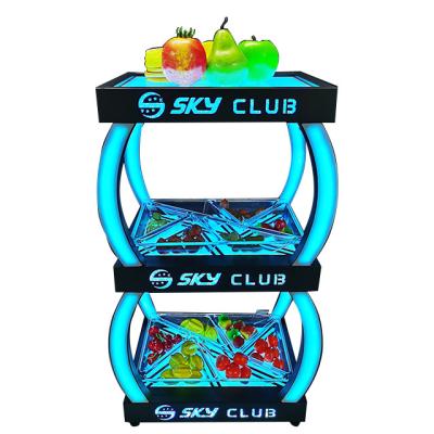 China KTV Logo 3 Row LED Fruit Bar KTV Party Custom Metal LED Lighted Snacks Acrylic Vegetable Serving Tray For Night Club for sale