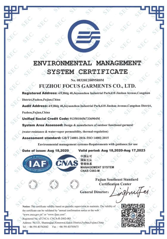 ISO14001 - Fuzhou Focus Garments Company Ltd.