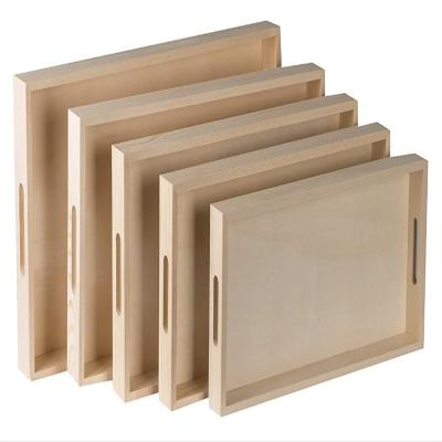 China Professional set of five pieces of rectangular shaped wooden trays for crafts with handles wooden tray cut serving for sale