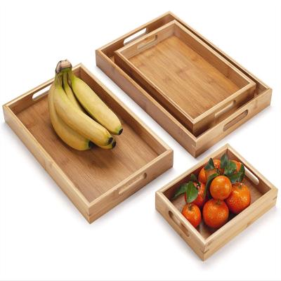 China Kitchenware Rectangle Bamboo Serving Tray With Handles Coffee Table Tray Rectangular Wooden Breakfast Tray In Bedroom, Kitchen, Living Room for sale