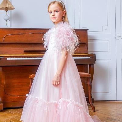 China Small MOQ Regular Support Flower Girl Dress Floor Length Feather Sleeve Draped Tulle Ball Gowns Tail Dresses For Kids for sale