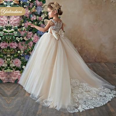 China 2022 New Designs Regular Bridesmaid Kids First Communion Dress Princess Wedding Royal Train Champagne Tutu Lace Party Dress With Big Tail for sale