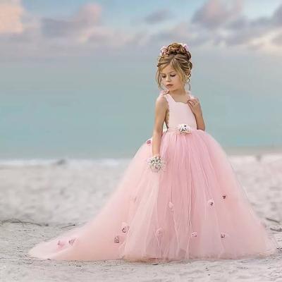 China 2022 Regular Pink Bohemian Off Back Weddings Ruffles Baby Kids Birthday Communion Flower Girl Dress Floor Length for sale