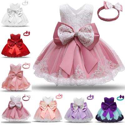 China Anti-wrinkle lace embroidery kids dress big bow wedding ball gown baby party wear girl princess dresses hot sale for sale