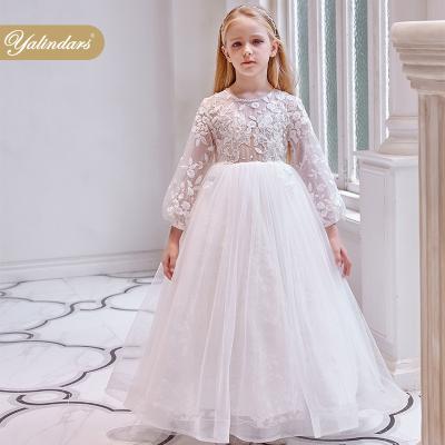 China 2022 Anti-wrinkle Special Occasions Christening Gown Lace Sleeve Tulle Puffy Kids White Holy Communion Bridesmaids Dresses For Kids for sale