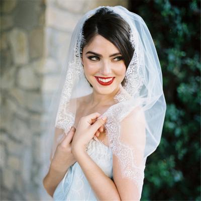 China Lace White Lace Edge Simple Wedding Dress Accessory One Layer Wedding Short Veil Bridal Tiara With Hair Comb for sale