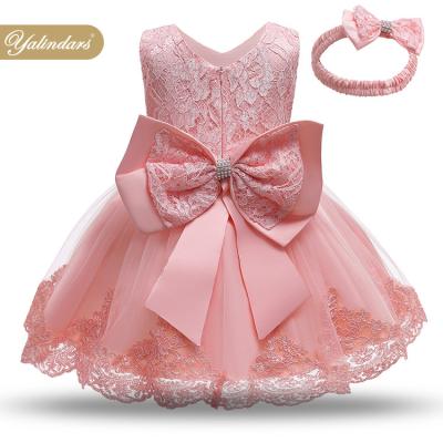 China wholesale Anti-wrinkle fashion kids birthday party 6 colors big bow back baby dresses kids lace up girl dress with headband for sale