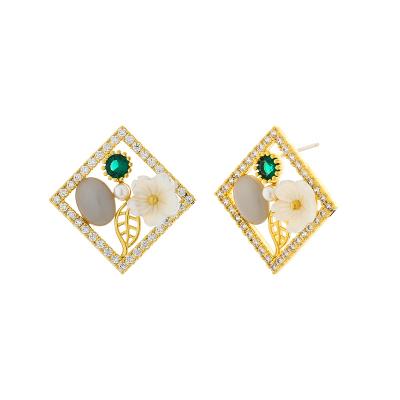 China FASHIONABLE high quality gold square gemstone diamonds flower earring cavity faux stone studs earring for women for sale