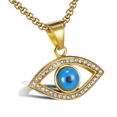 China FASHIONABLE Gold Plated Stainless Steel Turkish Blue Evil Eyes Pendant Necklace Lucky Blue Eye Necklace Crystal for sale