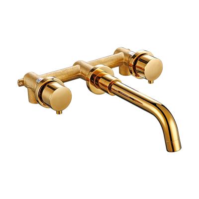 China Metered Faucets Polished Gold Siamese Brass Double Hole Wall Mounted Hot Cold Mixed Waterfall Bathtub Bathroom Mounted Filling Faucet for sale