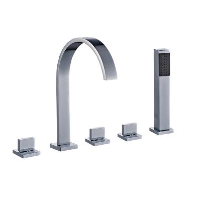 China Without Slide Bar STOCCO Bathtub Faucets 5 Pieces Mixer Tap For Bathtub Square 5 Hole Hot And Cold Water Crane With Hand Shower Chrome Finished for sale