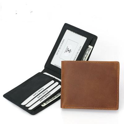 China Custom Logo Gent Purse Slim Minimalist Vintage RFID Brown Genuine Leather Men's Wallet Custom Bifold Wallet for Men for sale