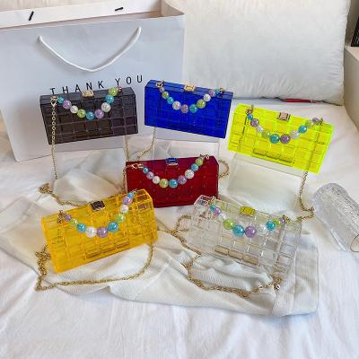 China Clear Fashion Acrylic Bag Summer Color Candy Bags Messenger Small Square Box Handbags 2021 New Women Beading Chain Handbags for sale