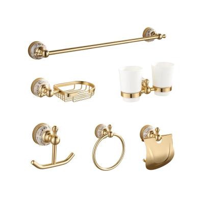 China Sustainable 6 PCS Bath Hardware Set Modern Luxury Gold Plated Hotel Bathroom Accessories Set for sale