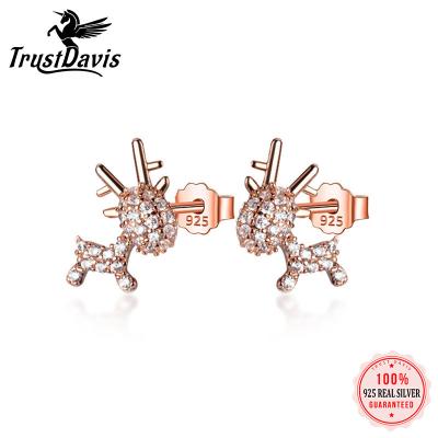 China TrustDavis 925 Sterling Silver Cute Elk Christmas Gift Cute Authentic Animal Zircon Stud Earrings For Women Girls Sweet Jewelry F220 for sale