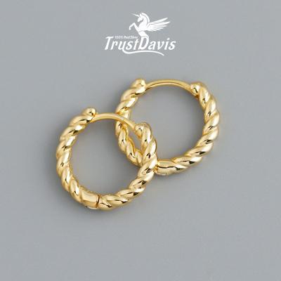 China TrustDavis 925 Sterling Silver Simple Hoop Earrings Punk Gold Plated For Women Party Fine Temperament Jewelry J069 for sale