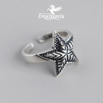 China TrustDavis punk real 925 Sterling Silver Fashion Star Adjustable open Ring Fine Jewelry Women Man J044 for sale