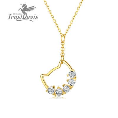 China Cute Trustdavis 925 Sterling Silver 14K Gold Plated Sweet Cute Cat Crystal Women Jewelry Gift L050 Pendant Clavicle Chain Necklace for sale