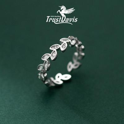 China New TrustDavis 2021 FASHIONABLE 925 Sterling Korean Fashion Leaves Silver Ring With Zircon Adjustable Ring For Women Fashion Jewelry F366 for sale