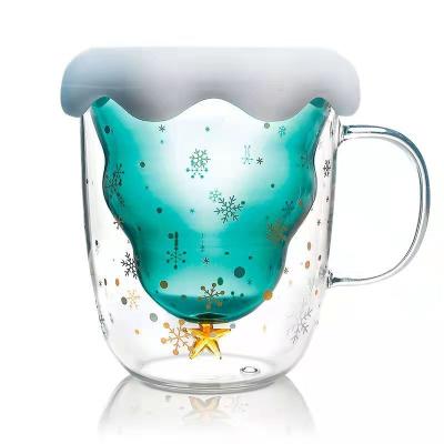 China Contemporary 300ML high Borosilicate Glass Christmas Gifts Mugs Double Wall Glass Christmas Tree Design Drinking Cups for sale