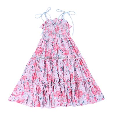 China Hot Selling Casual Kids Babies Fashion Boho Long Maxi Dress Sleeveless Halter Smocked Floral Dress for sale