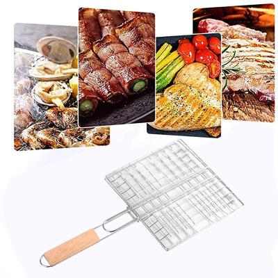 China Easily Cleaned Food Grade Stainless Steel Cooking BBQ Grill Rack Basket Non-Stick BBQ Wire Net Mesh With Handle for sale