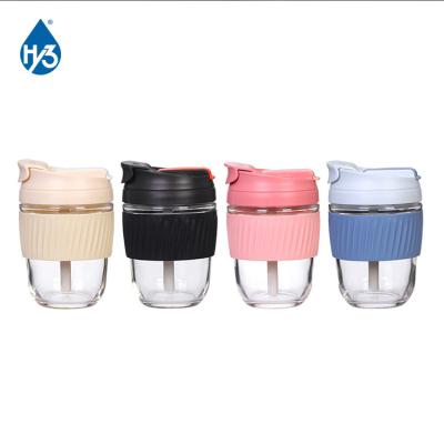 China Customized Wholesale Hot Sale 350ml Viable Silicone Sleeve Drinking Water Clear Glass Cup With Straw And Lid Tumbler Cup Glass Bottle for sale