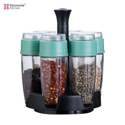 China 100ml Kitchen Glass Viable 6 Jars Rotating Spice Rack Set Glass Bottle Seasoning Shaker With Expanding Lid Salt Cellar Spice Labels for sale