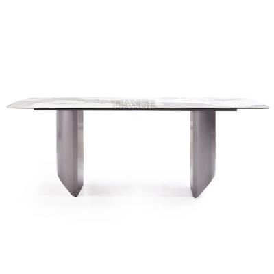 China Contemporary Italian Black Nickel Metal Stainless Steel Leg Nendo Semi Circular Wedge Marble Dining Table for sale