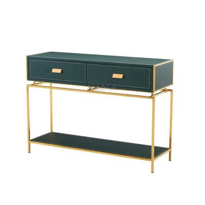 China Contemporary Luxury Modern Furniture Chrome Levi Console Table Living Room Brass Green Leather With Drawer for sale