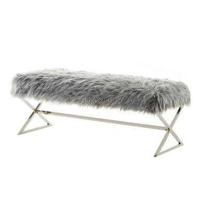 China Modern Contemporary Design Furniture Living Room Elora Metal X-Leg Gray Faux Fur Upholstered Bench for sale