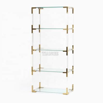 China Wholesale Contemporary Living Room Furniture Italy Style Designer Clear Glass Gold Stainless Steel Five Pound Seat Lucite Bookcase for sale