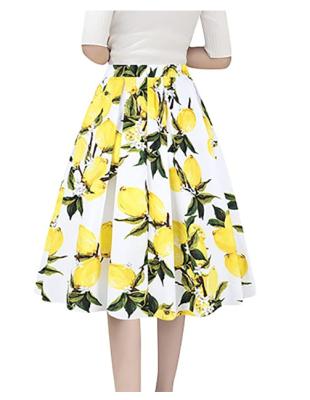 China Plus Size Women's Vintage Midi Printed Pleated A-Line Flared Skirt With Pockets for sale