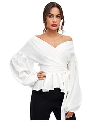 China Anti Pilling Women's Long Sleeve V-Neck Ruffle Blouse Off The Shoulder Tie Waist Wrap Tops for sale