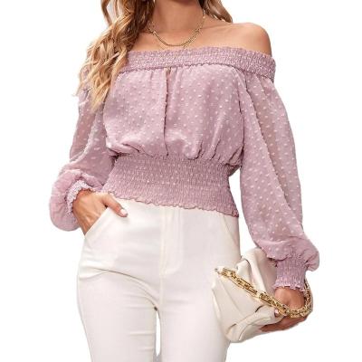 China 2021 Breathable European And American Fashion Blouse Off The Shoulder Bubble Dot Swiss Top for sale