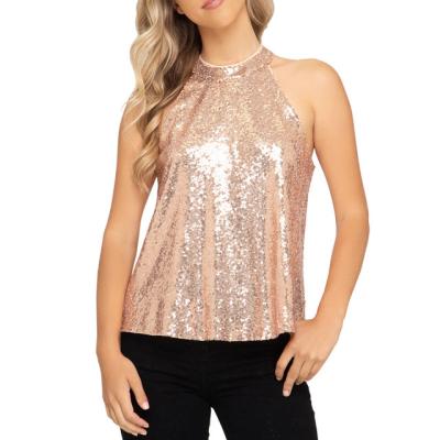 China Breathable Custom Ladies Love Bright Halter Neck Sequin Tops for sale