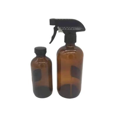 China Personal Care 8oz 250ml Boston Amber Glass Bottle With Trigger Sprayer For Cleaning for sale