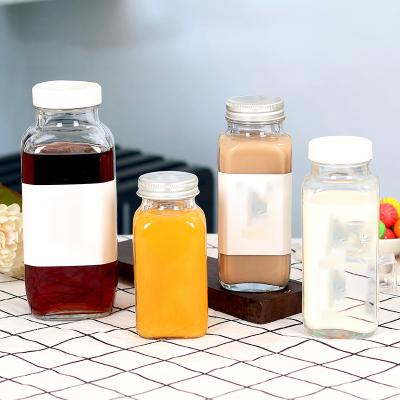 China Cool Drinks Bottle 8oz 12oz 16oz Square Cap Glass Bottle Aluminum Drinkware Milk Tea Glass Water Bottle for sale