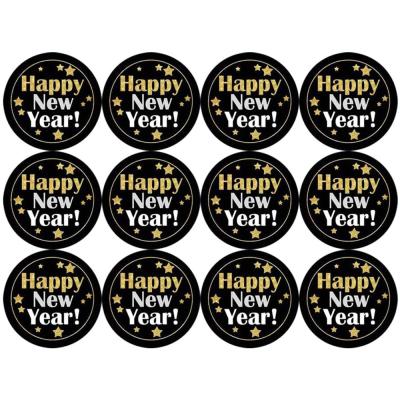 China FHC Happy New Year waterproof stickers seals gold labels around gold foil stickers stamping on black for new voice for for sale