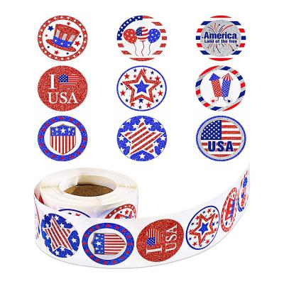 China Glitter Independence Day Stickers Strong Adhesive Patriotic Sticker Cute 4th of July Sticker Decal with Hat Balloon American Flag Rocket Shiel Star for sale