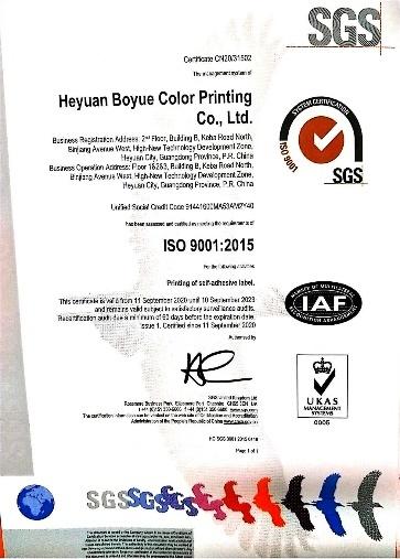 ISO9001 - Heyuan Boyue Color Printing Co., Ltd.