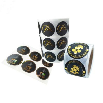 China Waterproof Self Adhesive Roll Labels 2 Inch 3 Inch Round Hot Stamping Gold Foil Stickers Custom Printing for sale