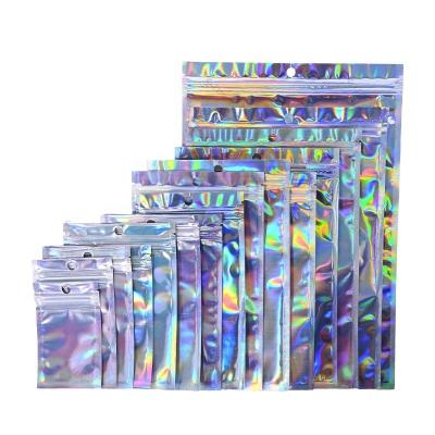 China Longine 79 Moisture Proof Custom Printed 3 Sides Sealing Holographic Transparent Top Zipper Hologram Cosmetic Plastic Bag for sale