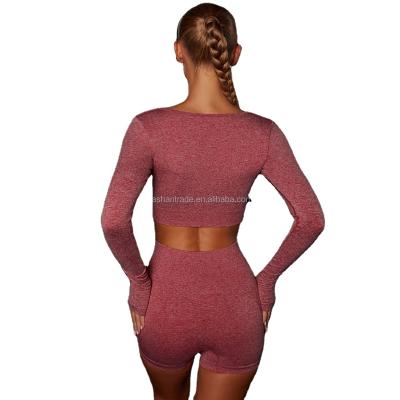 China New Breathable 2021 Fall/Winter Off The Shelf Seamless Knit Yoga Suit With Flat Collar And Long Sleeves Running Women's Sports Abbreviations for sale