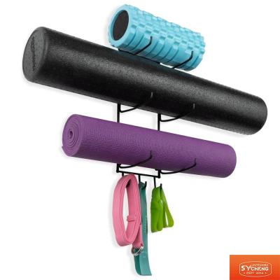 China 3 Hooks Yoga Mat Storage Wall Mounted Sustainable Roll Rack Hanging Foam Towel Rack For Yoga Belt And Resistance Band for sale