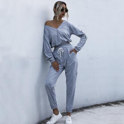 China 2021 Autumn Solid Color Breathable V-neck sweater short top harem pants European and American leisure women's sports two-piece suit for sale