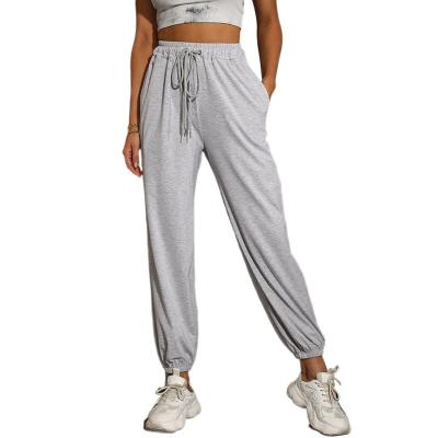 China Anti-Wrinkle Solid Elastic Waist Drawstring Women Track Sweat Joggers Stringed Harem Pants Trousers 21-0179 for sale