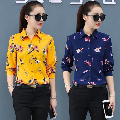 China Elegant Lady Anti-wrinkle Chiffon Blouse Tops Long Sleeve Flower Shirts For Women for sale